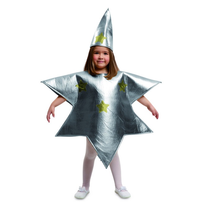 Vista frontal del disfraz de estrella navideña plateada infantil en tallas 3 a 9 años