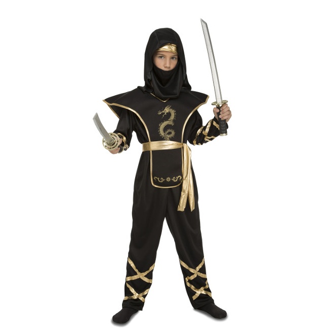 Vista frontal del disfraz de ninja negro y dorado en tallas 5 a 12 años