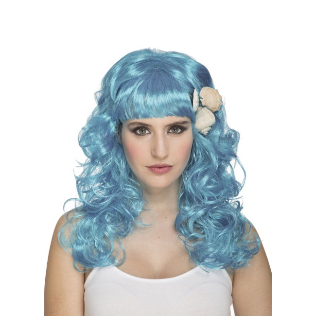 Vista frontal del peluca de sirena ondulada azul en stock