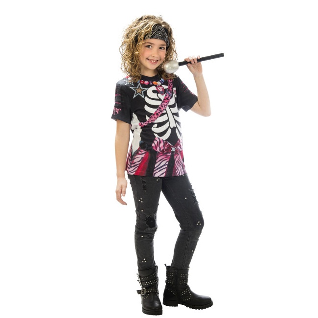 Vista principal del camiseta disfraz de esqueleto rockero rosa infantil en stock