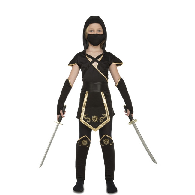 Vista frontal del disfraz de ninja negro y dorado en tallas 5 a 12 años