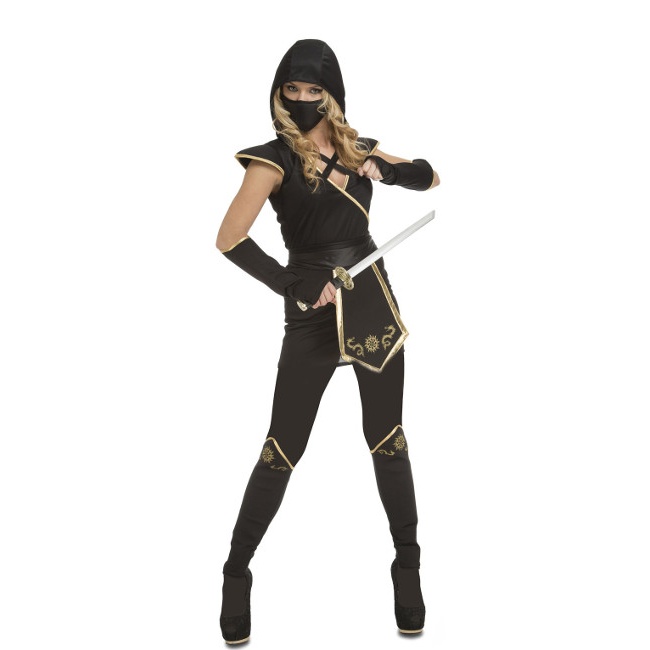 Vista delantera del disfraz de ninja negro y dorado en stock