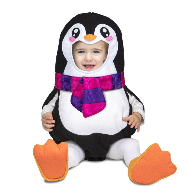 Vista principal del disfraz de pingüino con bufanda en tallas 7 a 24 meses