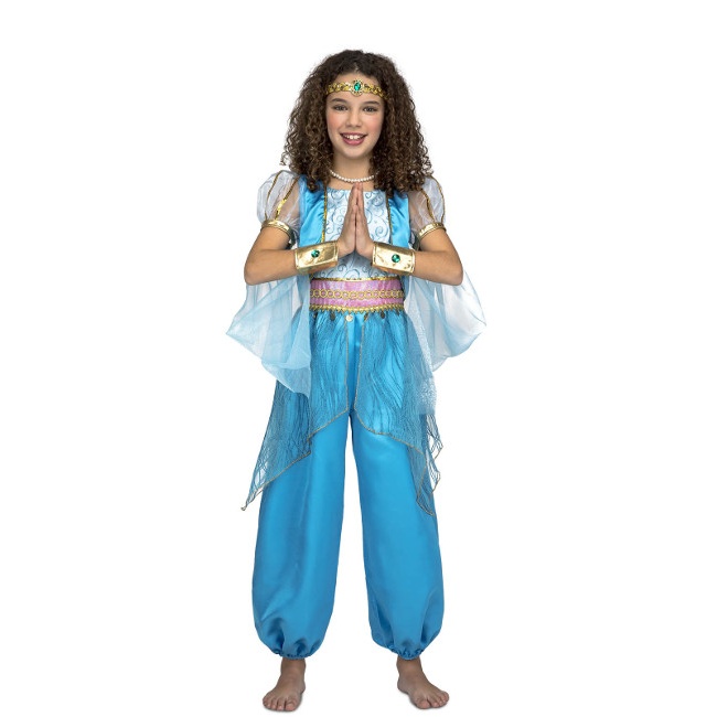 Vista frontal del disfraz de princesa árabe azul en tallas 3 a 12 años