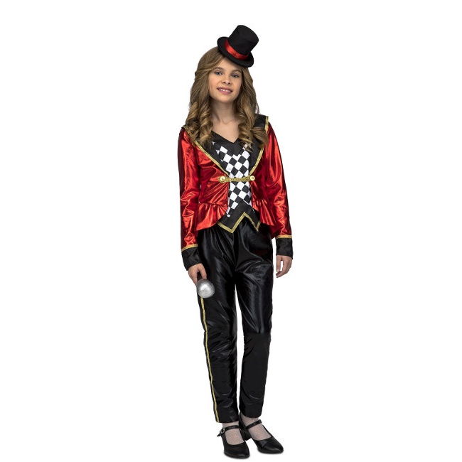 Vista delantera del disfraz de domador de circo rojo y negro en tallas 5 a 12 años