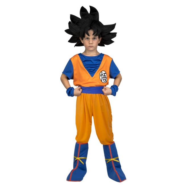 Vista delantera del disfraz de Son Goku con accesorios en caja en tallas 5 a 14 años