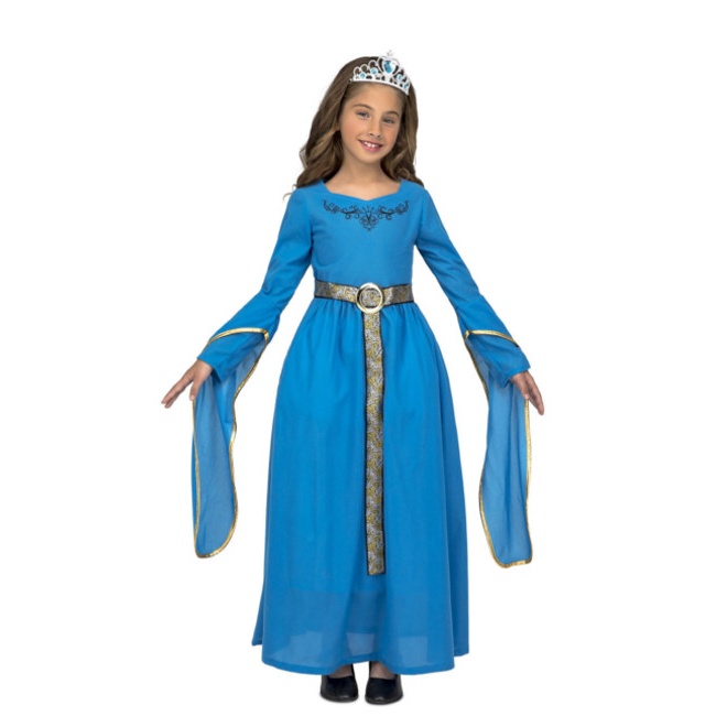 Vista frontal del disfraz de princesa medieval azul en tallas 5 a 12 años