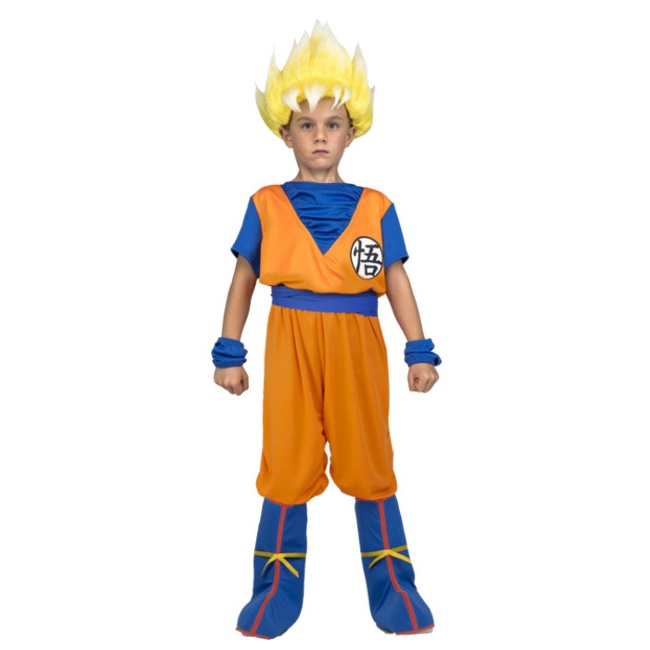 Vista delantera del disfraz de Son Goku Saiyan con accesorios en caja en tallas 5 a 14 años