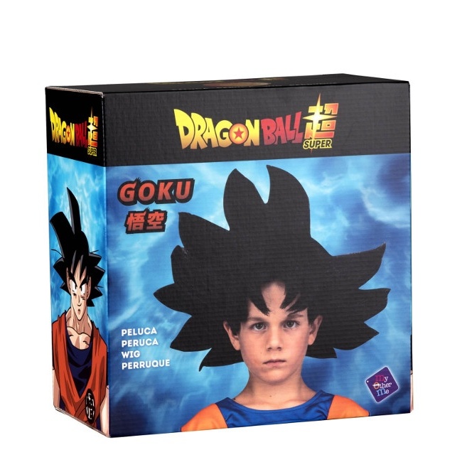 Foto detallada de peluca de Son Goku en caja para niño