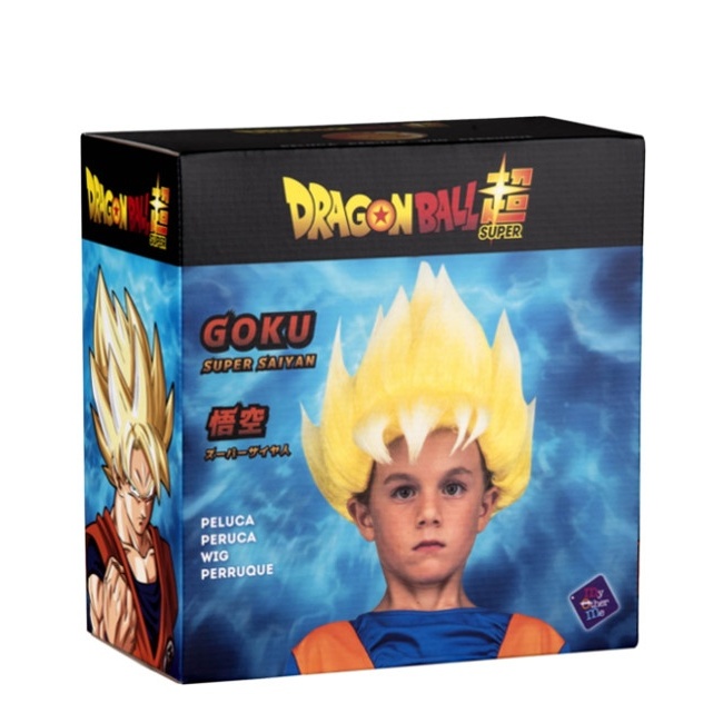 Foto detallada de peluca de Son Goku Saiyan en caja para niño