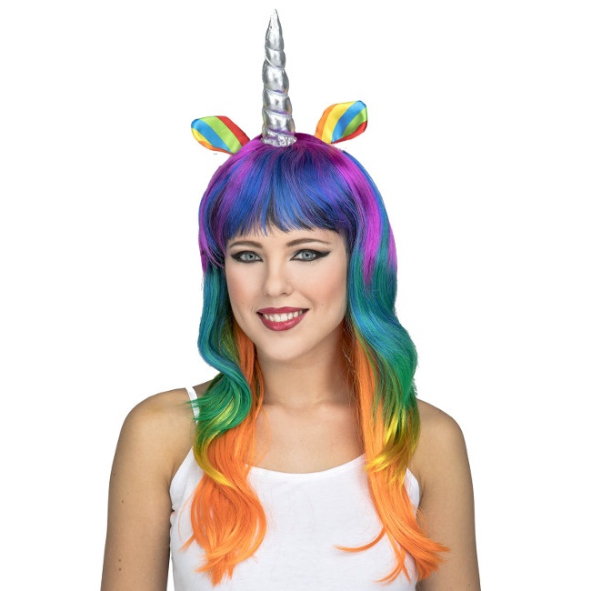 Vista frontal del peluca larga multicolor de Unicornio plateado en stock