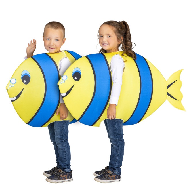 Foto lateral/trasera del modelo de pez cirujano regal amarillo y azul infantil