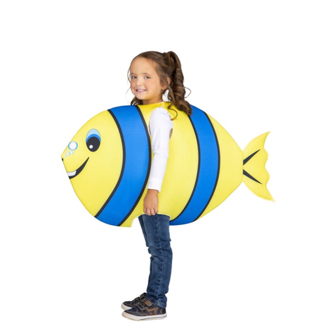 Vista frontal del disfraz de pez cirujano regal amarillo y azul infantil en tallas 3 a 9 años