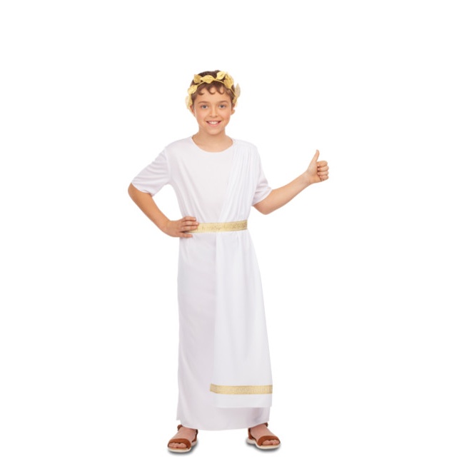 Vista frontal del disfraz de romano blanco y dorado en tallas 3 a 12 años