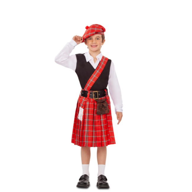 Vista delantera del disfraz de escocés rojo en tallas 5 a 12 años
