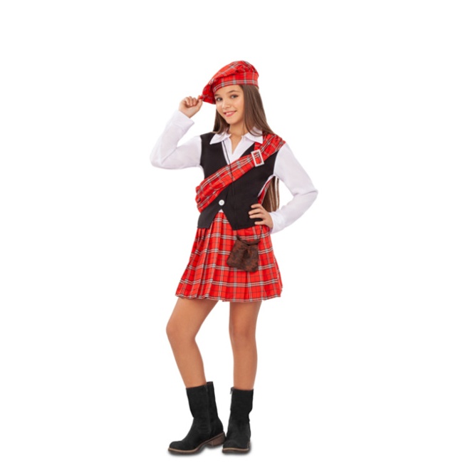 Vista principal del disfraz de escocés rojo en tallas 5 a 12 años