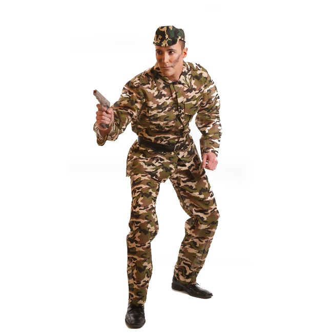 Vista frontal del disfraz de soldado camuflaje en talla M-L