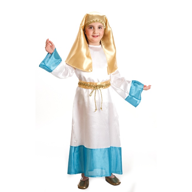 Vista frontal del disfraz de Virgen María infantil en tallas 3 a 10 años