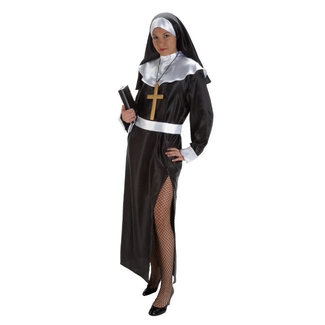 Vista delantera del disfraz de monja católica en talla M-L