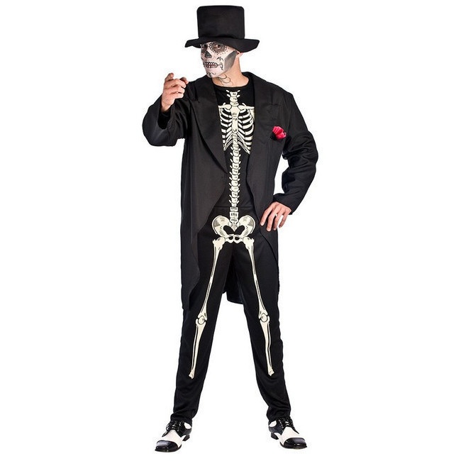Vista delantera del disfraz de esqueleto con chaqueta en talla M-L