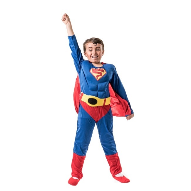 Vista principal del disfraz de super hombre con capa en tallas 3 a 10 años