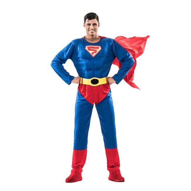 Vista frontal del disfraz de super hombre con capa en talla M-L