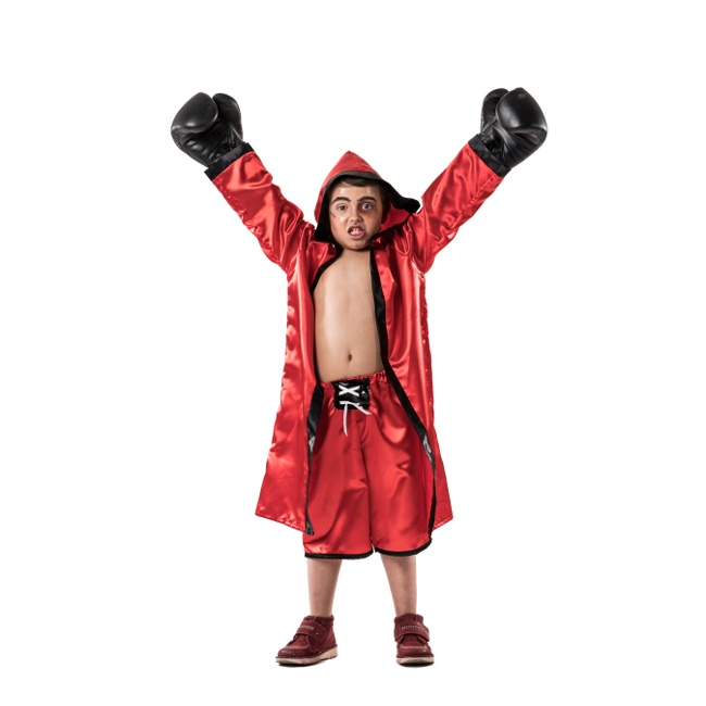 Vista principal del disfraz de boxeador rojo en tallas 3 a 10 años