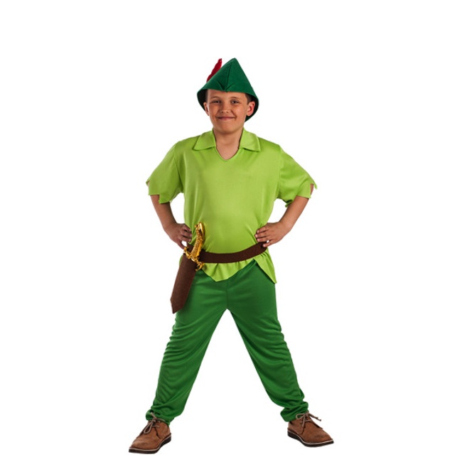 Vista delantera del disfraz de niño perdido verde infantil en tallas 3 a 10 años