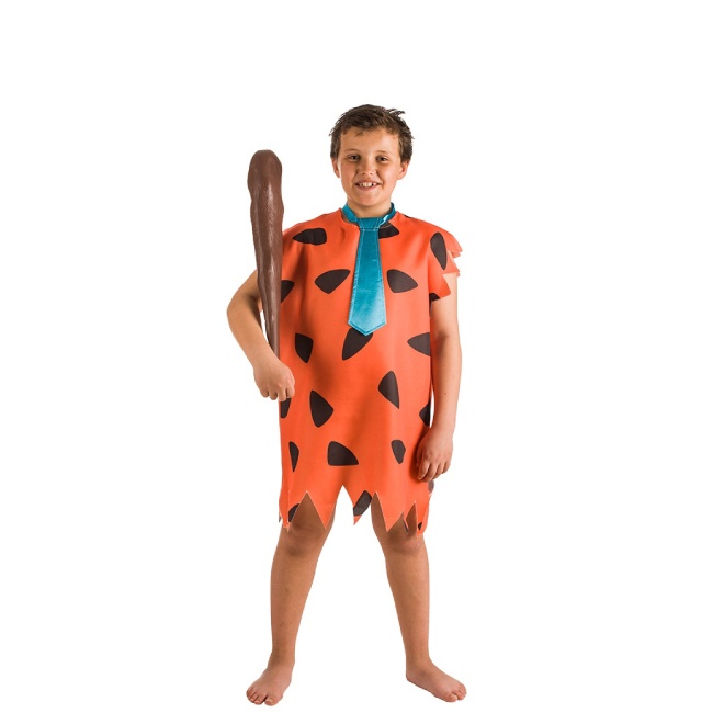 Vista delantera del disfraz de cavernícola naranja con corbata en tallas 3 a 10 años