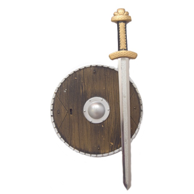 Vista principal del espada y escudo antiguo medieval infantil en stock