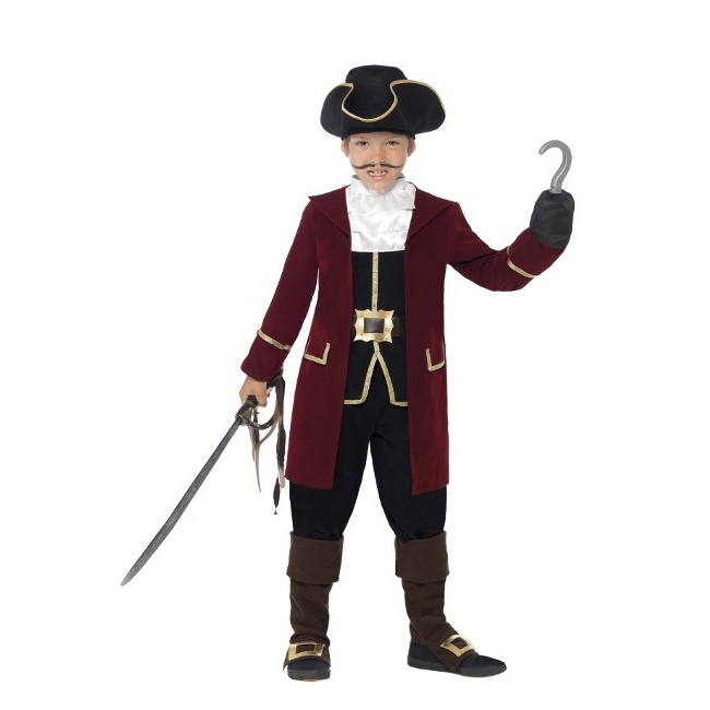 Vista delantera del disfraz de capitán pirata con sombrero en tallas 4 a 12 años