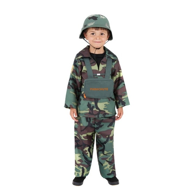 Vista frontal del disfraz de paracaidista militar infantil en tallas 4 a 12 años