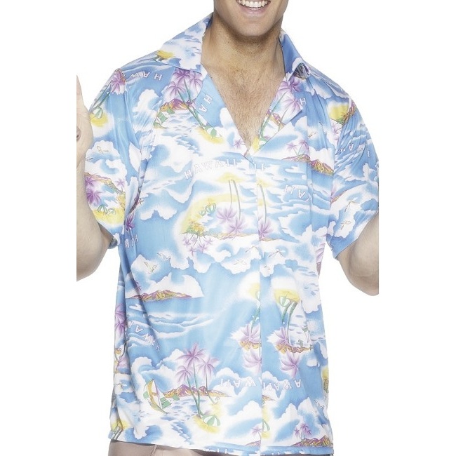 Vista principal del camisa hawaiana azul en stock
