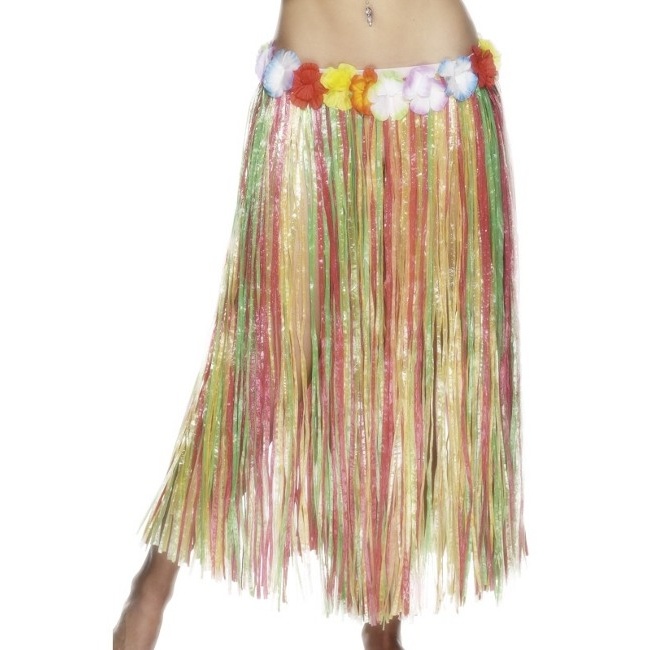 Vista delantera del falda hawaiana larga multicolor en stock
