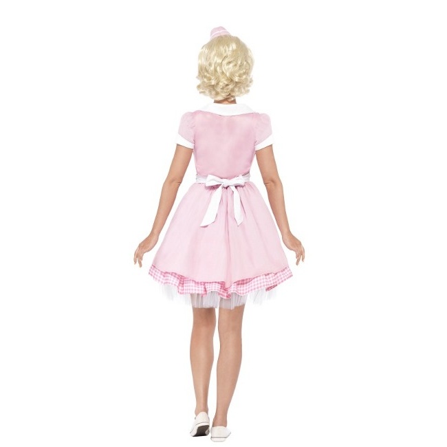 Foto lateral/trasera del modelo de camarera rosa años 50