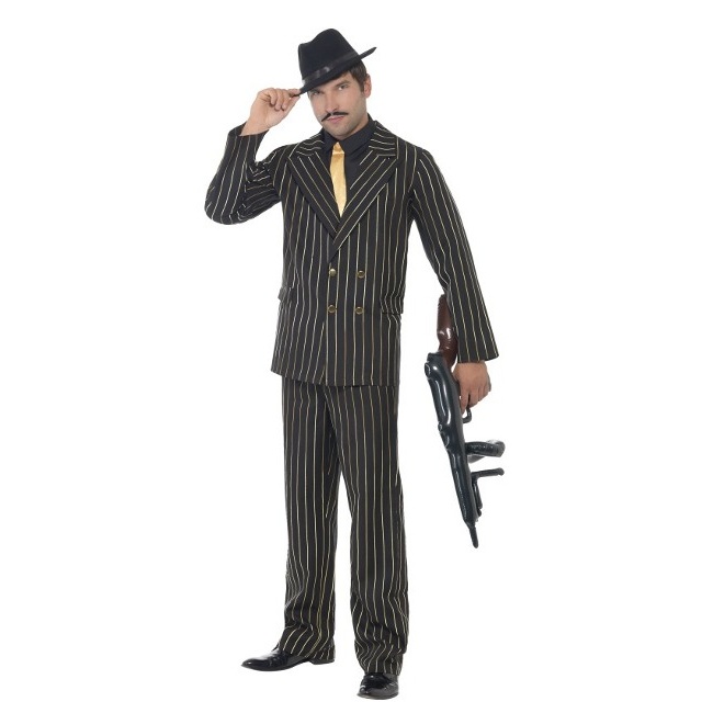 Vista frontal del disfraz de gángster negro y dorado en stock