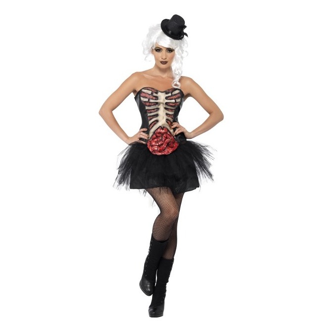 Vista frontal del disfraz de bailarina burlesque sangrienta en stock