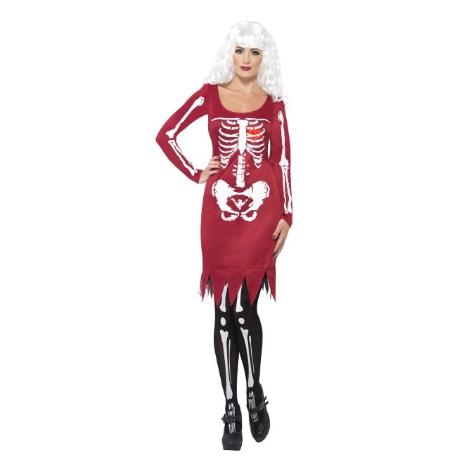 Vista frontal del disfraz de esqueleto rojo con corazón luminoso en stock