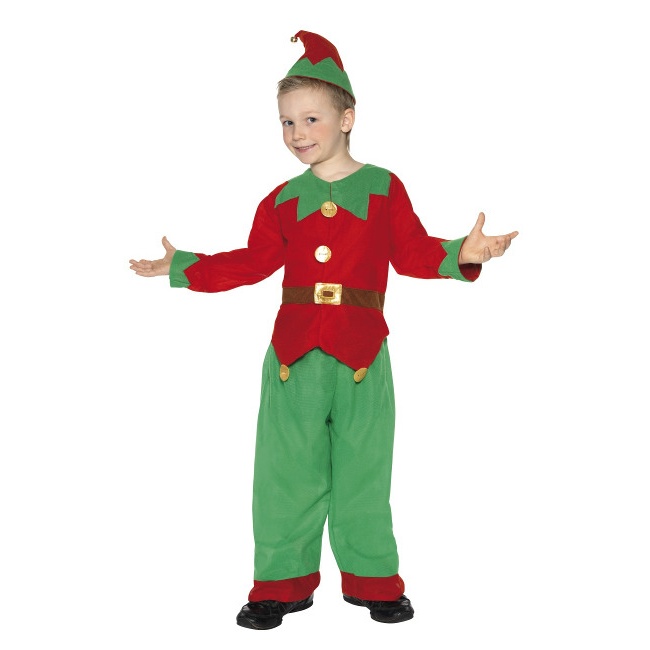 Vista delantera del disfraz de elfo infantil en tallas 4 a 12 años