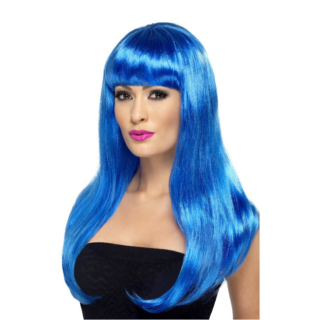 Vista delantera del peluca melena larga lisa azul en stock