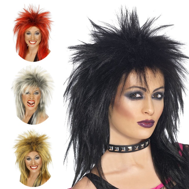 Vista delantera del peluca de rockera diva en color negro, pelirrojo, rubio y rubio oscuro
