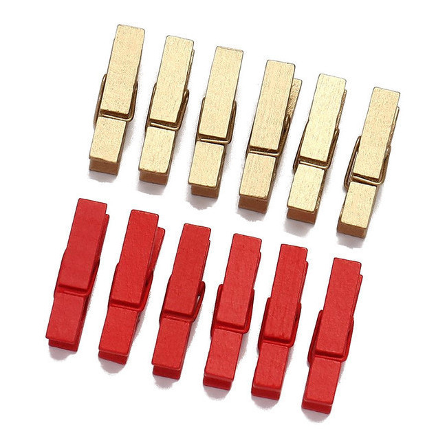 Vista delantera del pinzas de madera dos colores de 3,5 cm - 12 unidades en color blanco y rojo, blanco y rosa, dorado y plateado, dorado y rojo y dorado y verde