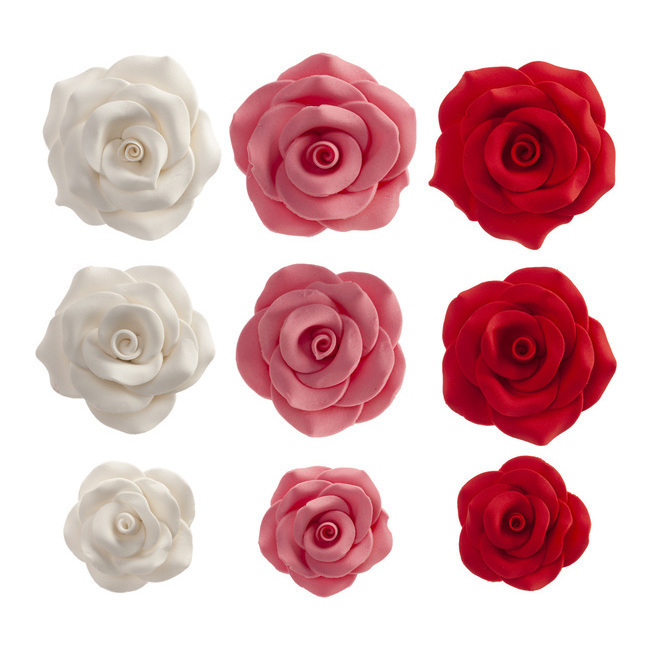 Vista principal del figuras de azúcar de rosas roja, rosa y blanca - Dekora - 12 unidades en stock