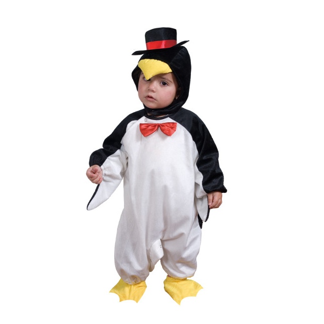 Vista frontal del disfraz de pingüino con pajarita en tallas 6 a 24 meses