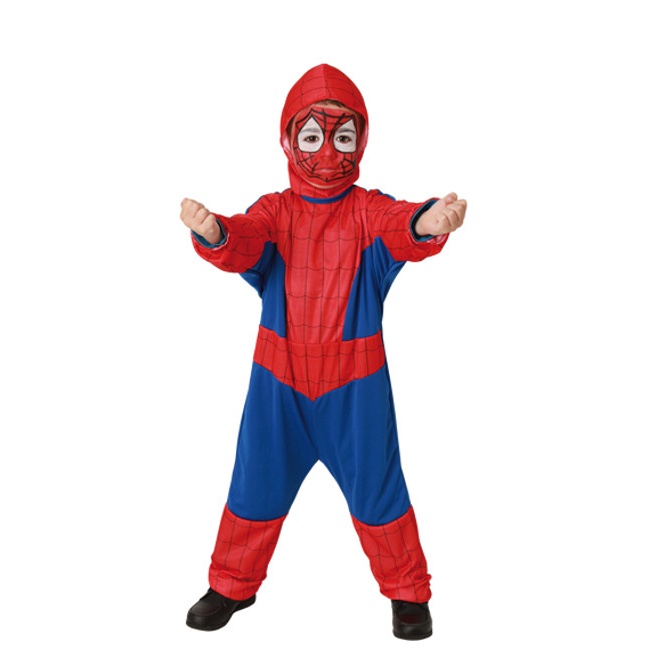 Vista principal del disfraz de hombre araña con capucha en stock