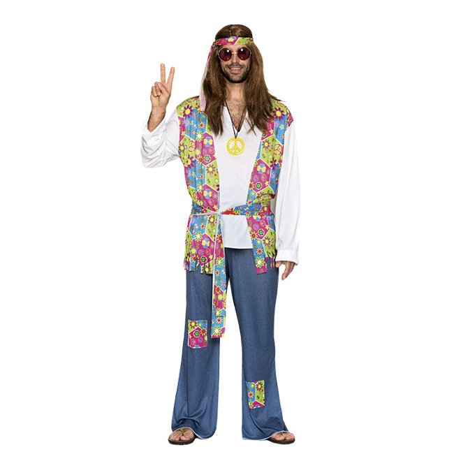 Vista frontal del disfraz de hippie pacifista en talla M-L