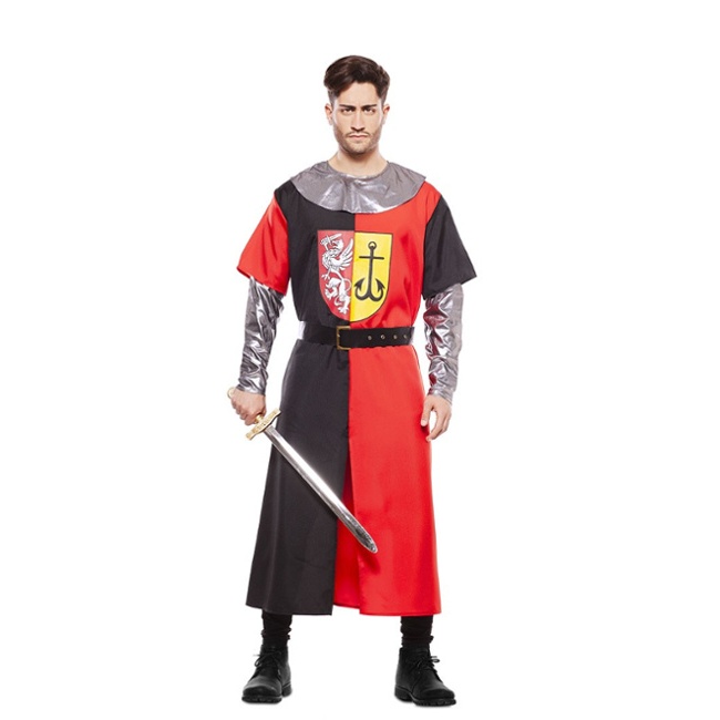 Vista principal del disfraz de caballero medieval rojo y negro en talla M-L