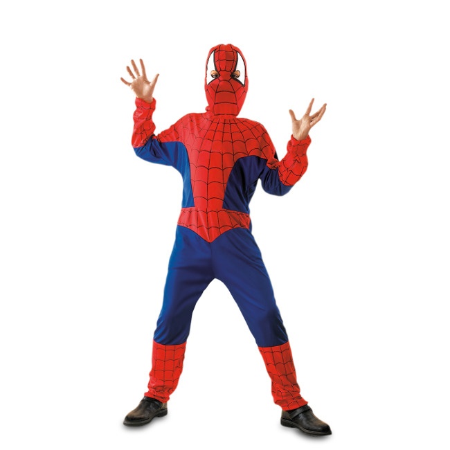 Vista principal del disfraz de hombre araña con capucha en tallas 5 a 12 años