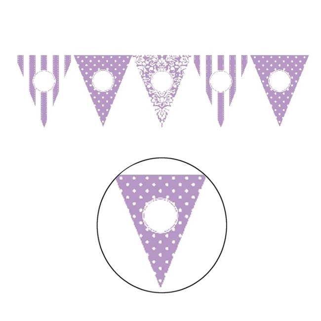 Vista frontal del banderín de triángulos lila personalizable - 8 m en stock
