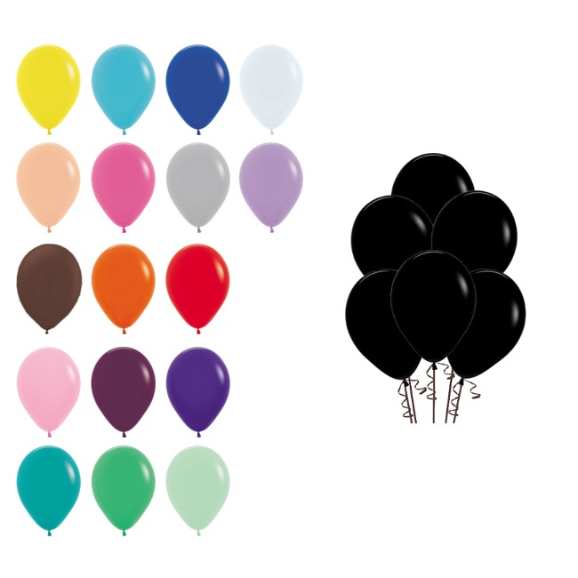 Vista principal del globos de látex sólidos de 12,5 cm - Sempertex - 100 unidades en color amarillo, azul caribe, azul real, blanco, chocolate, curuba, fucsia, gris, lila, naranja, negro, rojo, rosado, vino tinto y violeta